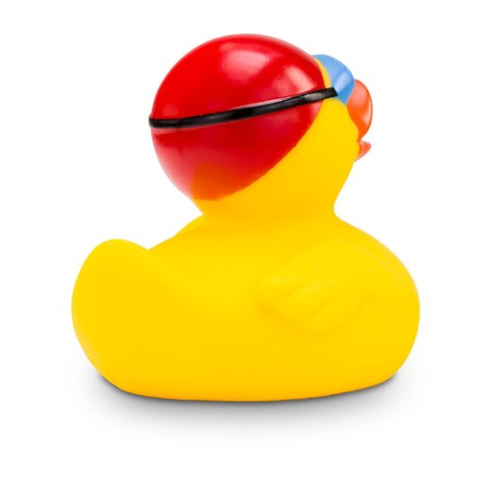 gelbe Badeente Kristin Kraul mit Badekappe und Schwimmbrille, Größe: ca. 8 cm. Inklusive Quietschventil