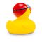 gelbe Badeente Kristin Kraul mit Badekappe und Schwimmbrille, Größe: ca. 8 cm. Inklusive Quietschventil