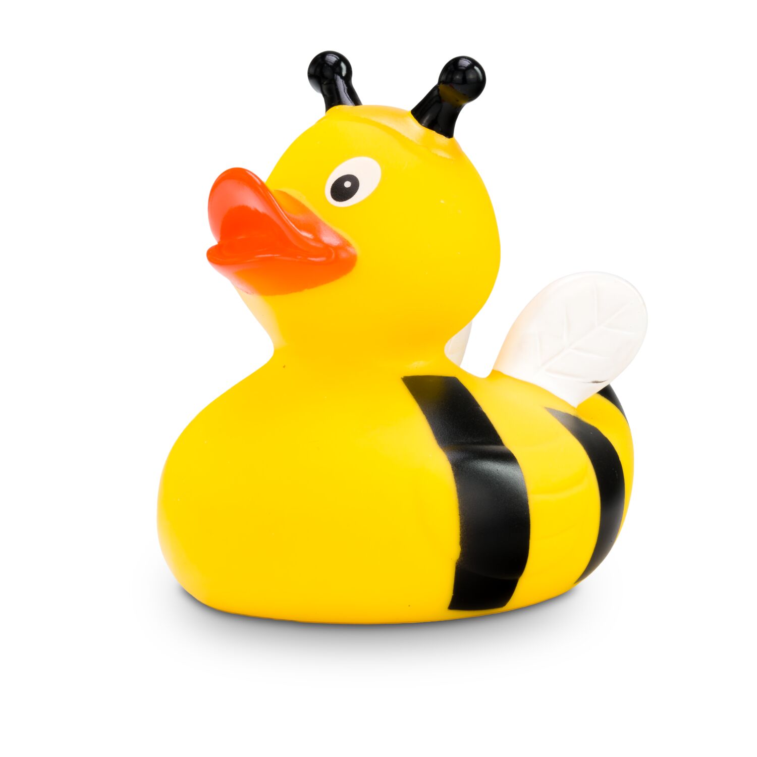 gelbe Badeente Susi Summ mit Biennen-Outfit: Streifen, Antennen und Flügel, Größe: ca. 8 cm. Inklusive Quietschventil