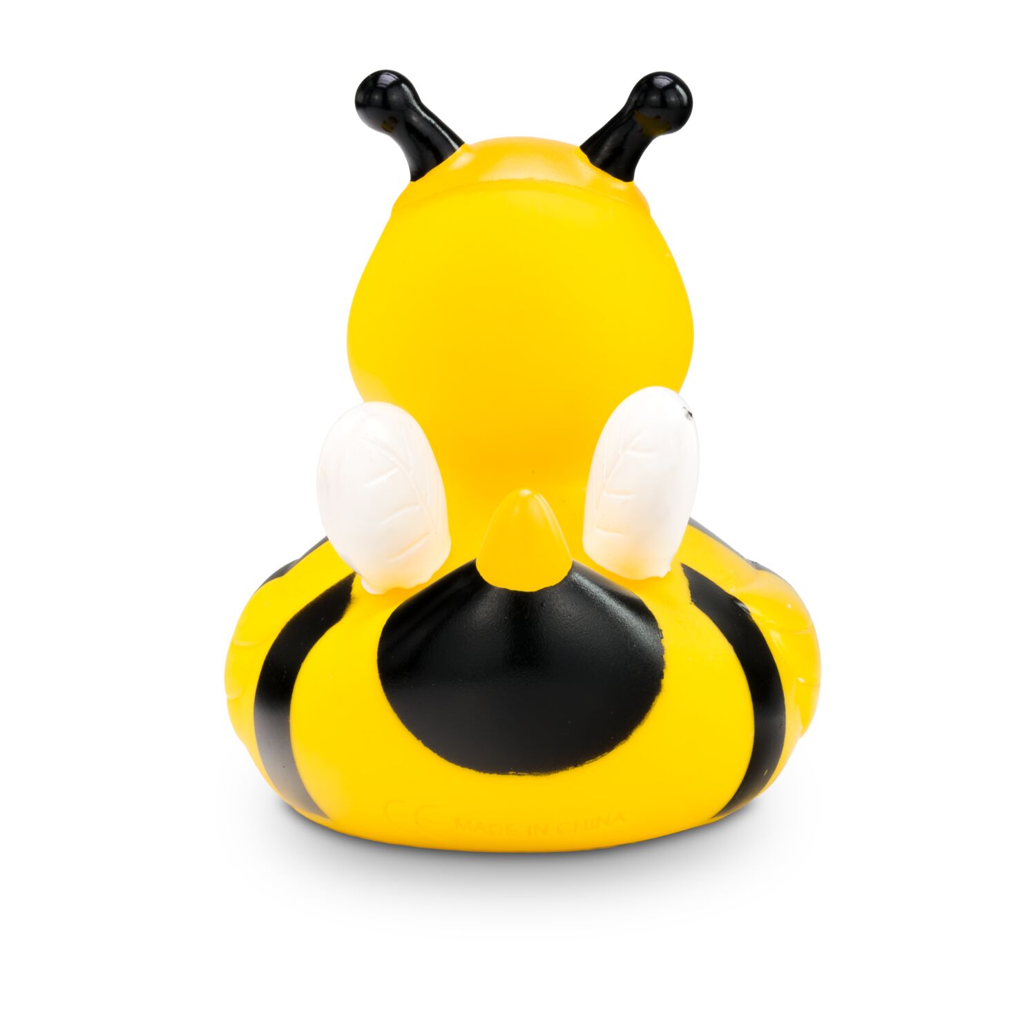 gelbe Badeente Susi Summ mit Biennen-Outfit: Streifen, Antennen und Flügel, Größe: ca. 8 cm. Inklusive Quietschventil