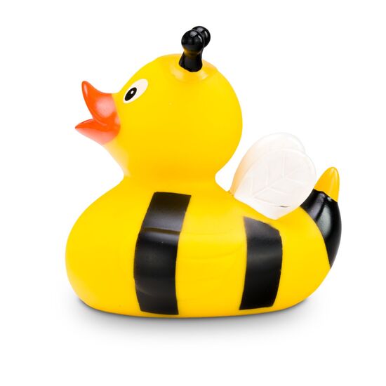 gelbe Badeente Susi Summ mit Biennen-Outfit: Streifen, Antennen und Flügel, Größe: ca. 8 cm. Inklusive Quietschventil