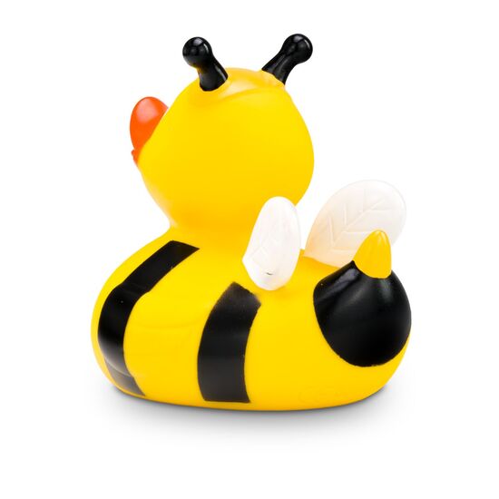 gelbe Badeente Susi Summ mit Biennen-Outfit: Streifen, Antennen und Flügel, Größe: ca. 8 cm. Inklusive Quietschventil
