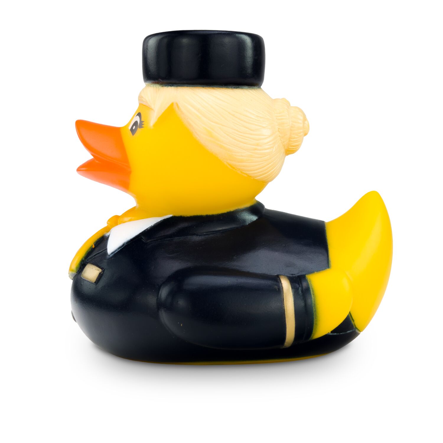 gelbe Werbeente Steffi Stewardess mit Uniform aus Bluse, gelbem Halstuch und Hütchen, Größe: ca. 8 cm. Inklusive Quietschventil