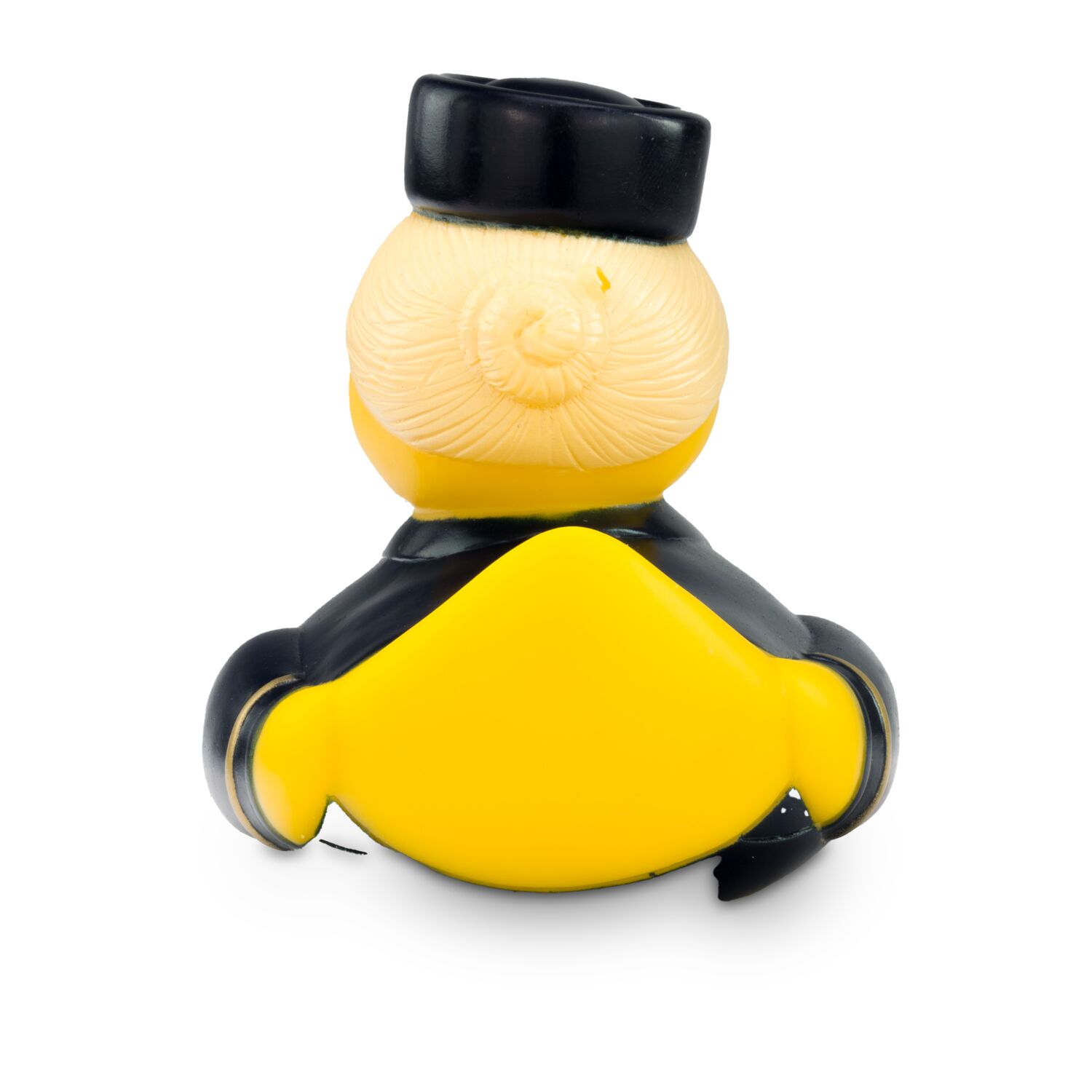 gelbe Werbeente Steffi Stewardess mit Uniform aus Bluse, gelbem Halstuch und Hütchen, Größe: ca. 8 cm. Inklusive Quietschventil