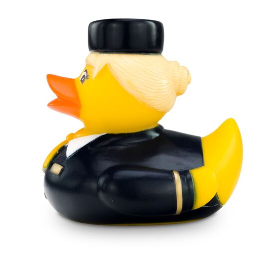 gelbe Werbeente Steffi Stewardess mit Uniform aus Bluse, gelbem Halstuch und Hütchen, Größe: ca. 8 cm. Inklusive Quietschventil