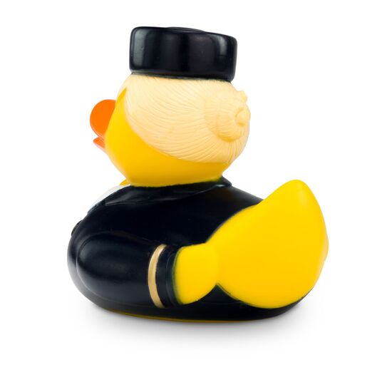 gelbe Werbeente Steffi Stewardess mit Uniform aus Bluse, gelbem Halstuch und Hütchen, Größe: ca. 8 cm. Inklusive Quietschventil