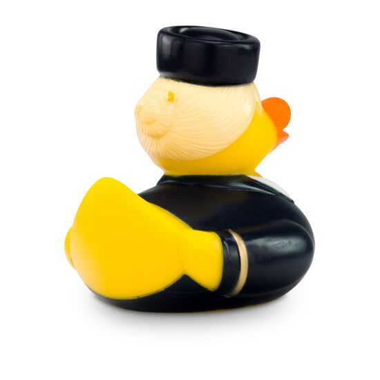 gelbe Werbeente Steffi Stewardess mit Uniform aus Bluse, gelbem Halstuch und Hütchen, Größe: ca. 8 cm. Inklusive Quietschventil