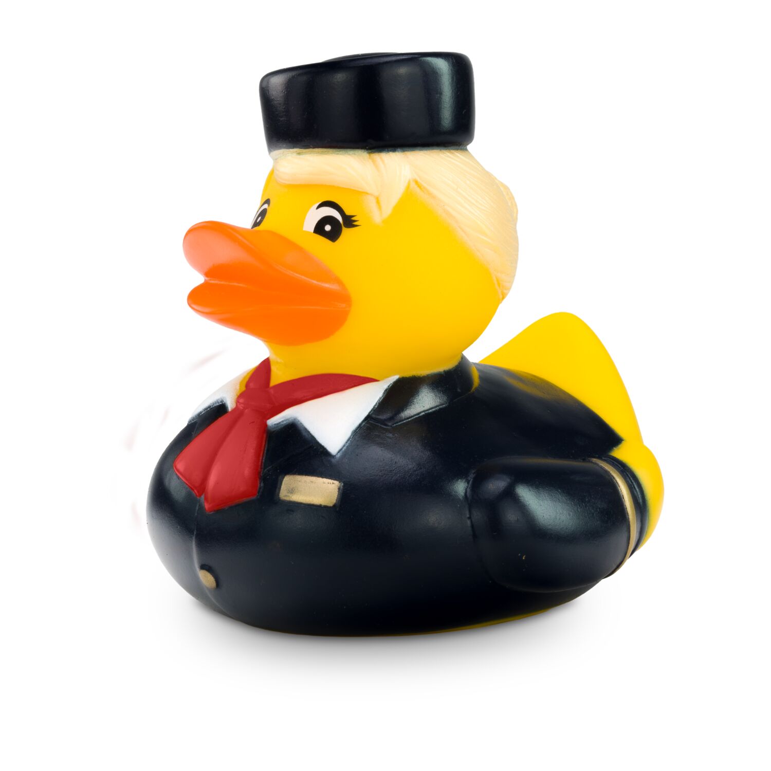 gelbe Werbeente Steffi Stewardess mit Uniform aus Bluse, rotem Halstuch und Hütchen, Größe: ca. 8 cm. Inklusive Quietschventil