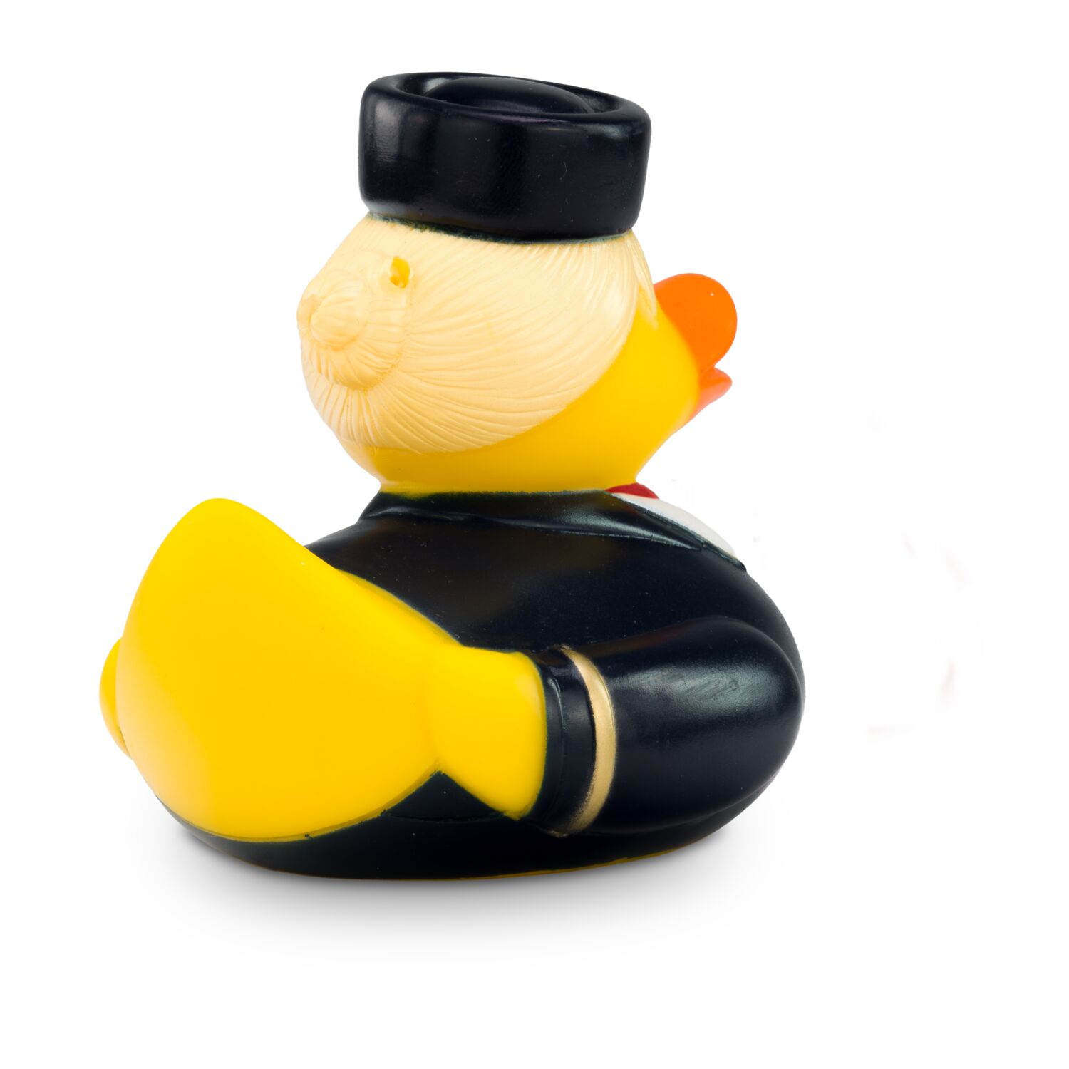 gelbe Werbeente Steffi Stewardess mit Uniform aus Bluse, rotem Halstuch und Hütchen, Größe: ca. 8 cm. Inklusive Quietschventil