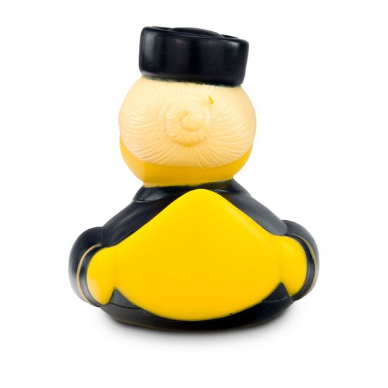 gelbe Werbeente Steffi Stewardess mit Uniform aus Bluse, rotem Halstuch und Hütchen, Größe: ca. 8 cm. Inklusive Quietschventil