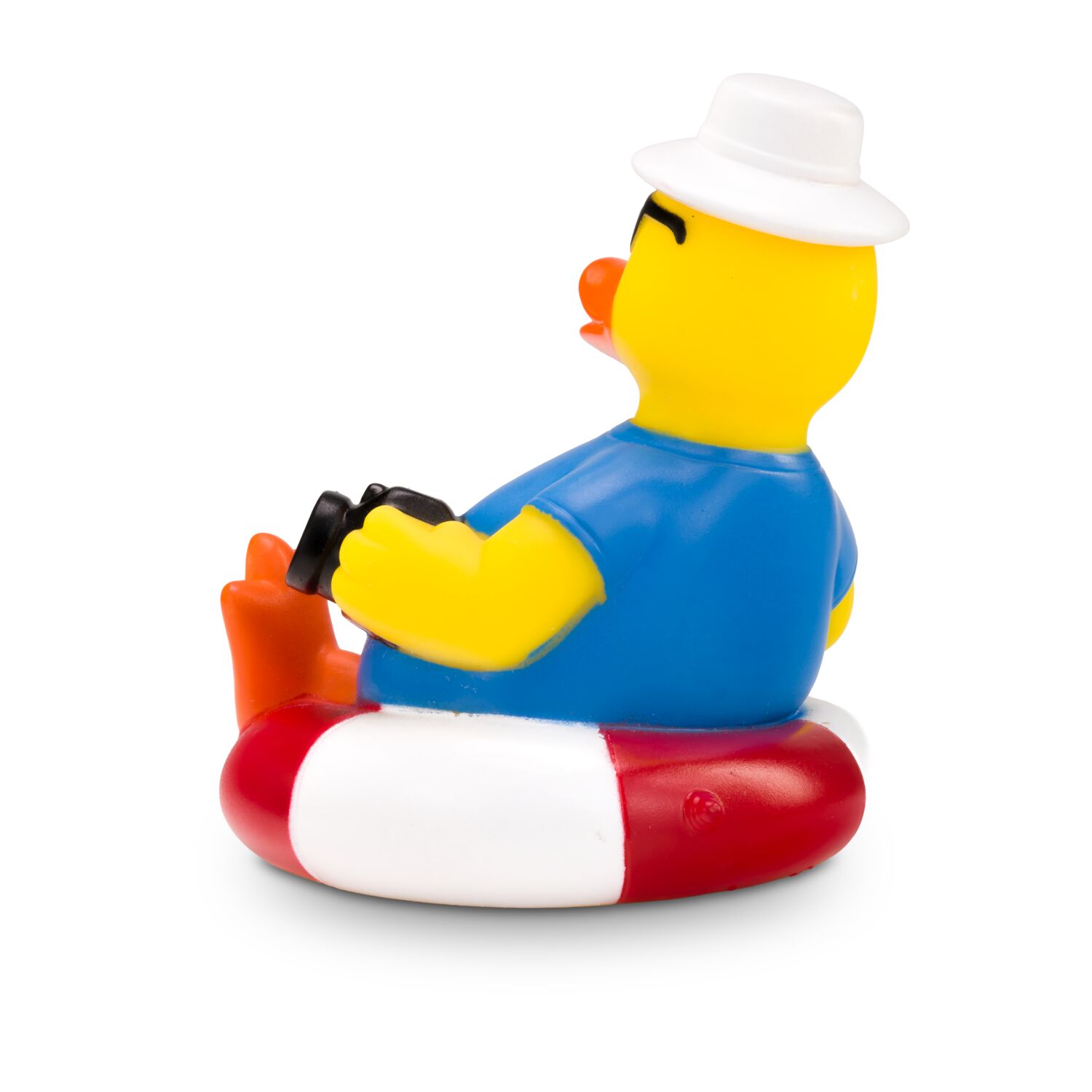 gelbe Werbeente Uli Urlaub auf Schwimmreifen mit Sonnenbrille, Sonnenhut, Kamera und ein Cocktailglas, Größe: ca. 8 cm. Inklusive Quietschventil