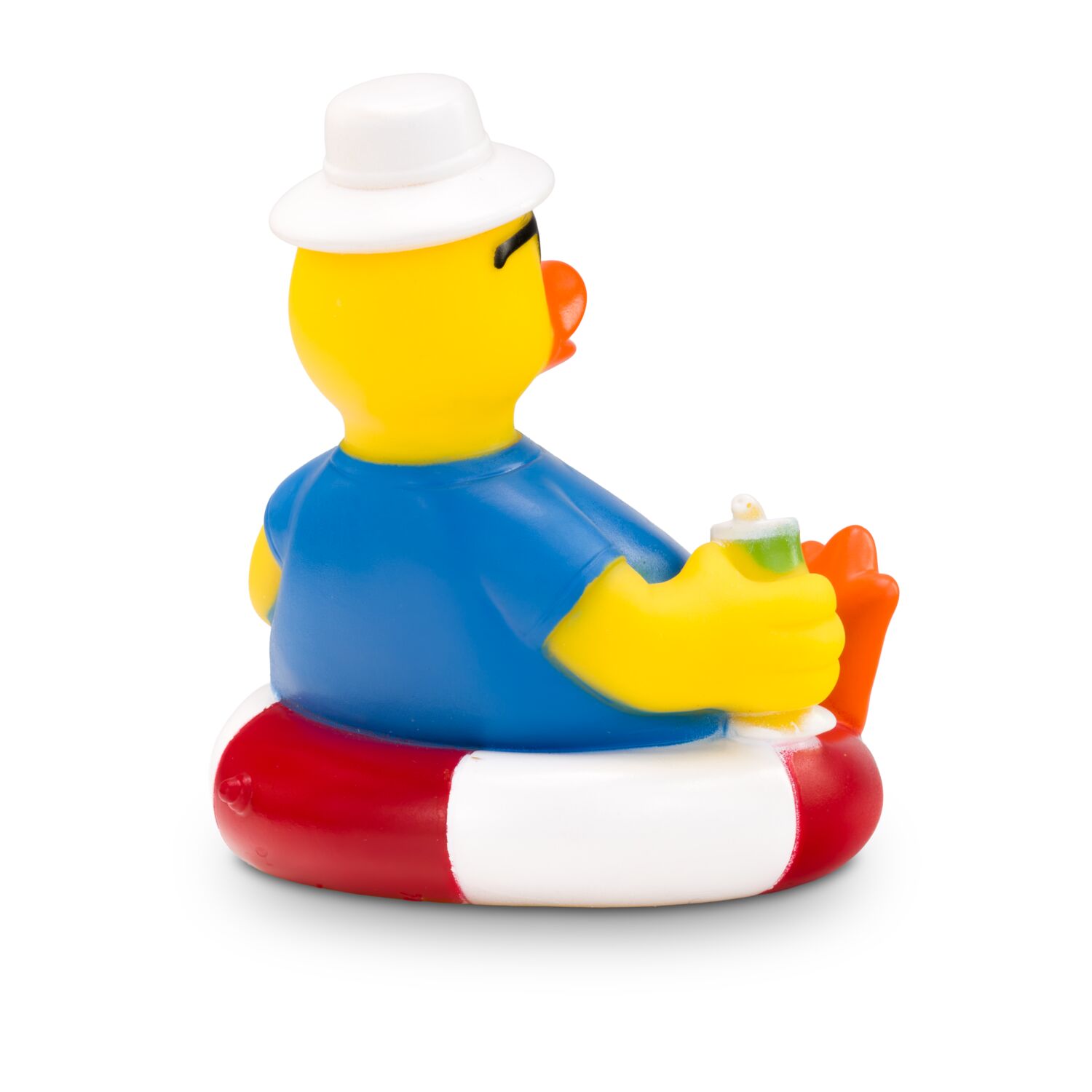 gelbe Werbeente Uli Urlaub auf Schwimmreifen mit Sonnenbrille, Sonnenhut, Kamera und ein Cocktailglas, Größe: ca. 8 cm. Inklusive Quietschventil