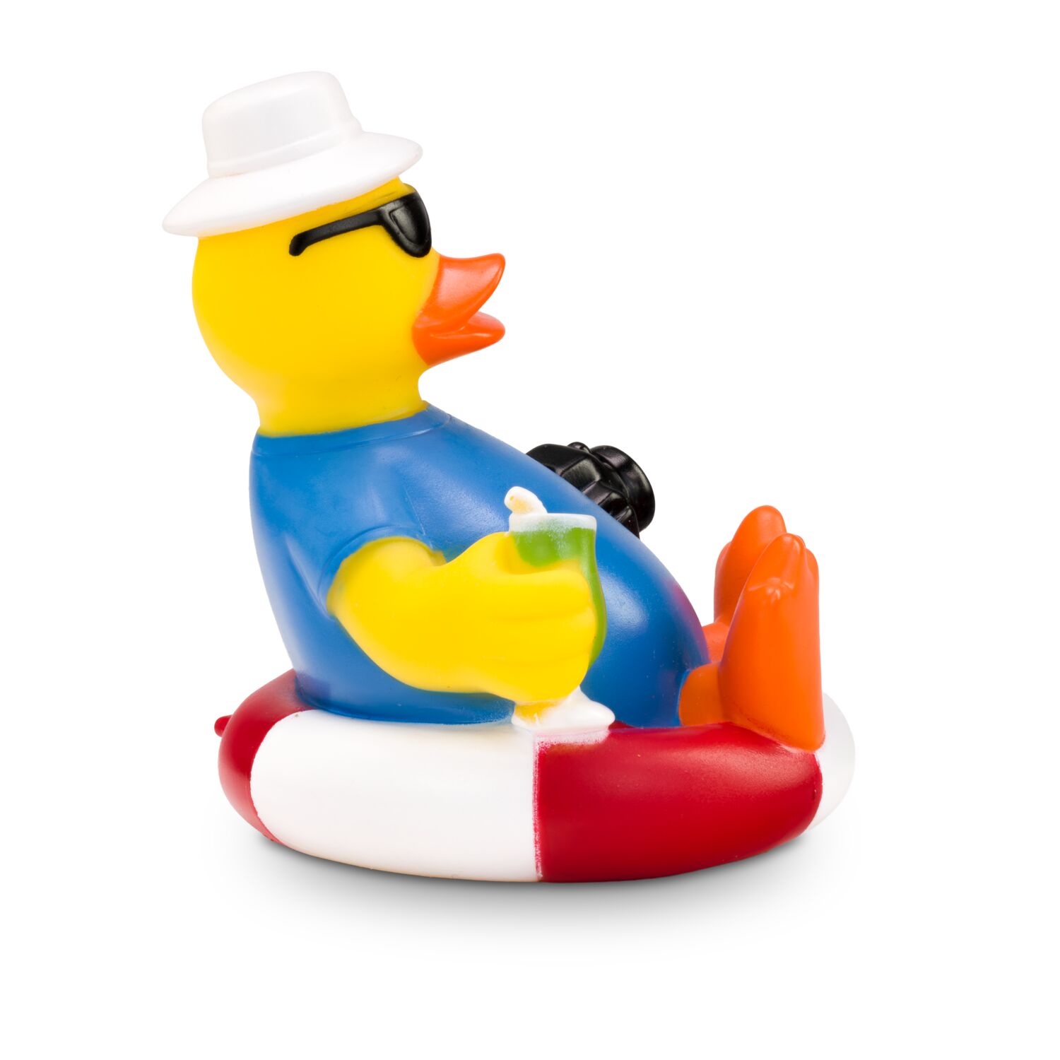 gelbe Werbeente Uli Urlaub auf Schwimmreifen mit Sonnenbrille, Sonnenhut, Kamera und ein Cocktailglas, Größe: ca. 8 cm. Inklusive Quietschventil