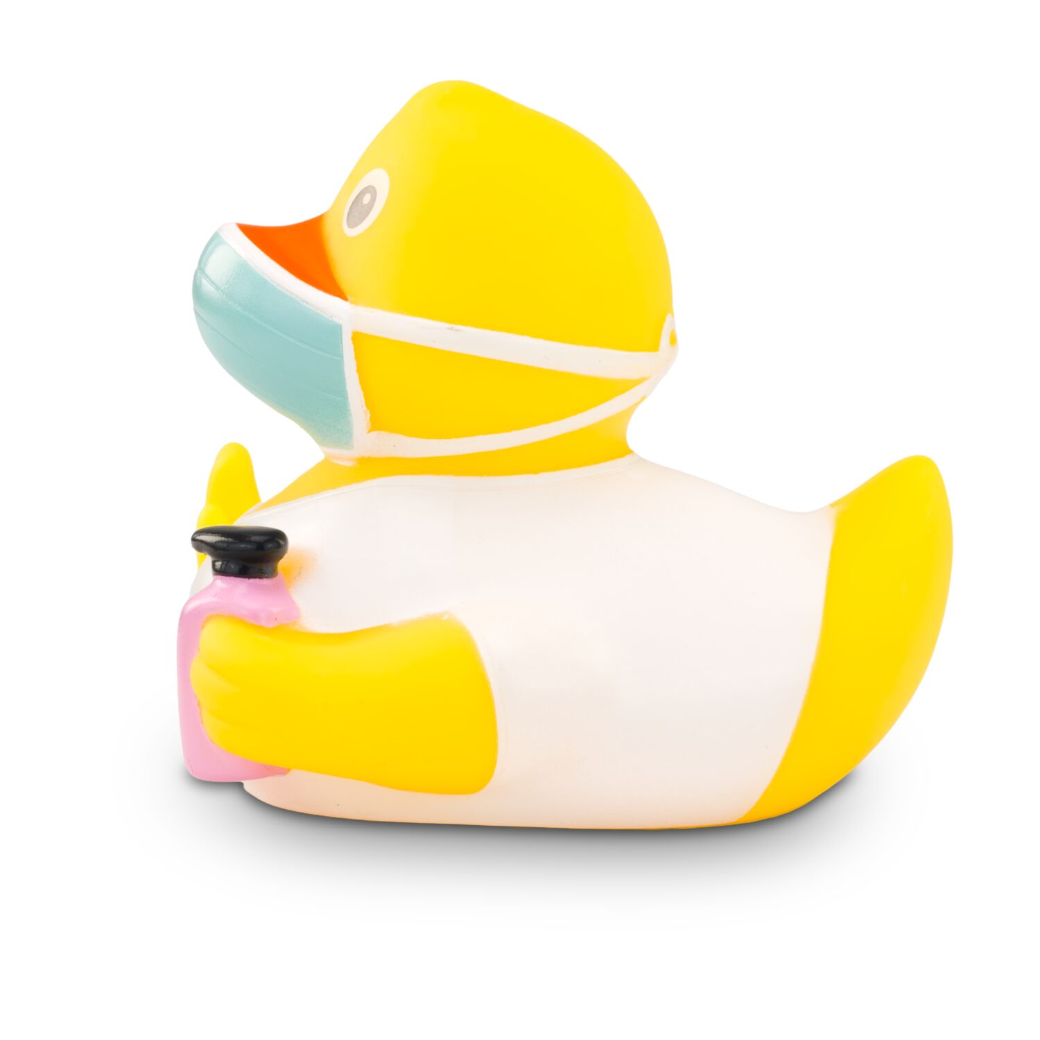 gelbe Werbeente Gerda Gesund mit Maske und Desinfektionsmittel, Größe: ca. 8 cm. Inklusive Quietschventil