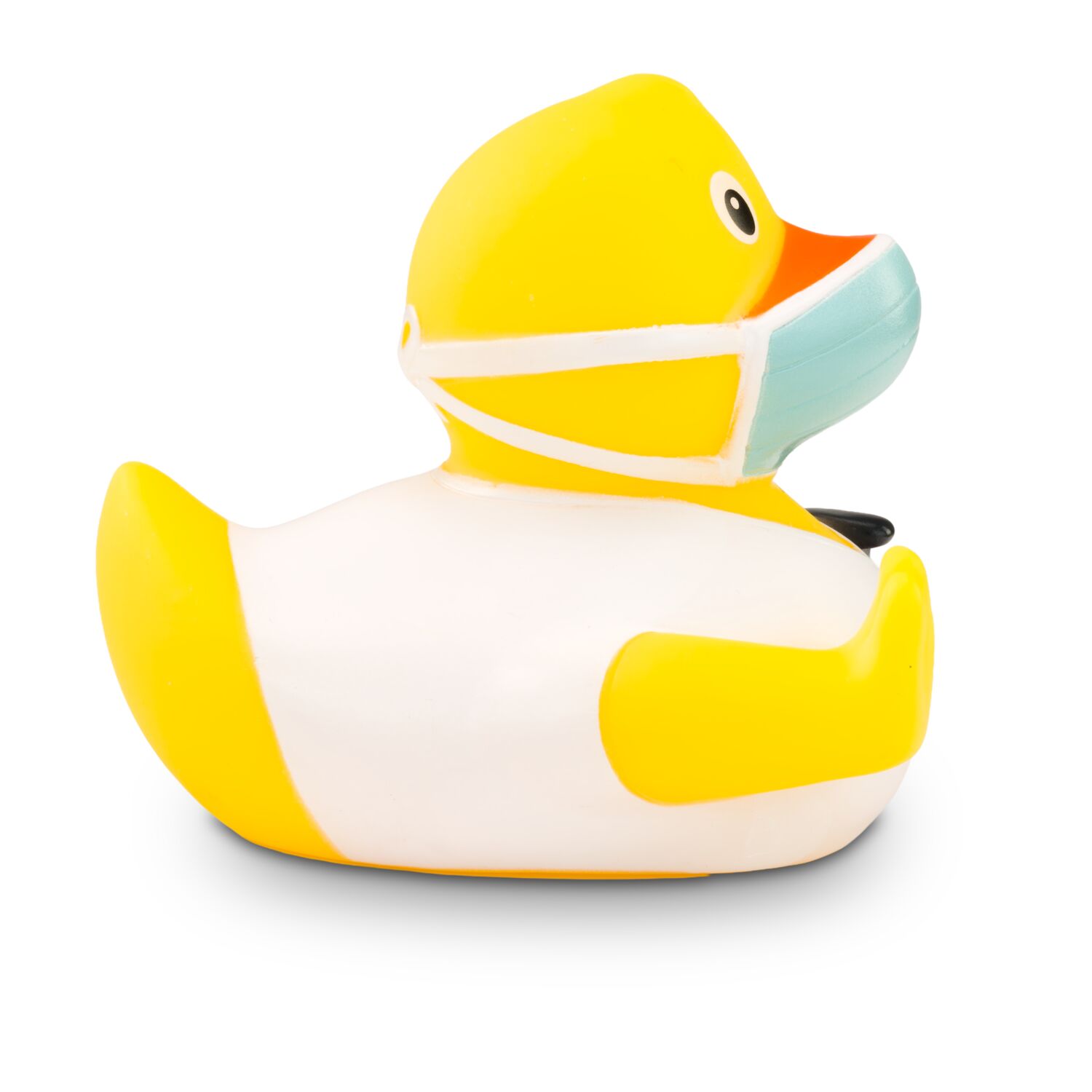 gelbe Werbeente Gerda Gesund mit Maske und Desinfektionsmittel, Größe: ca. 8 cm. Inklusive Quietschventil