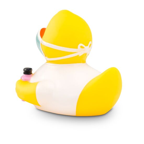 gelbe Werbeente Gerda Gesund mit Maske und Desinfektionsmittel, Größe: ca. 8 cm. Inklusive Quietschventil