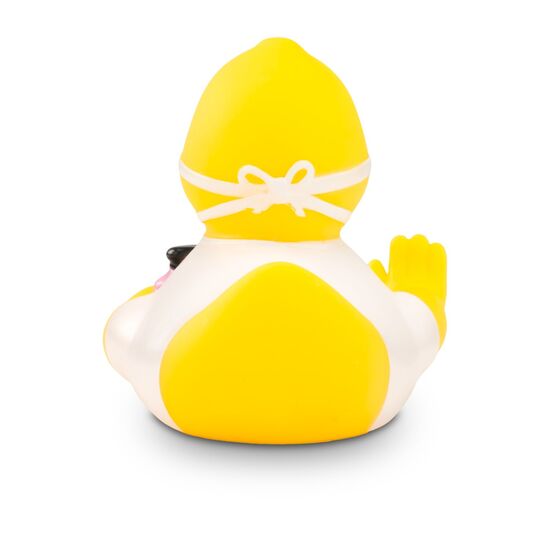 gelbe Werbeente Gerda Gesund mit Maske und Desinfektionsmittel, Größe: ca. 8 cm. Inklusive Quietschventil
