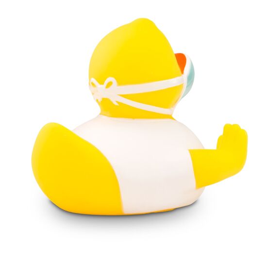 gelbe Werbeente Gerda Gesund mit Maske und Desinfektionsmittel, Größe: ca. 8 cm. Inklusive Quietschventil