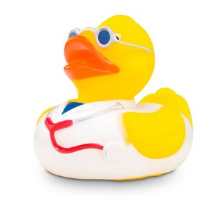 gelbe Badeente Max Medicus trägt mit Arztkittel, Stethoskop und Brille,Größe: ca. 8 cm. Inklusive Quietschventil