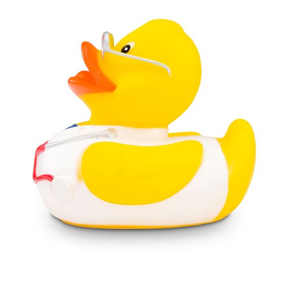 gelbe Badeente Max Medicus trägt mit Arztkittel, Stethoskop und Brille,Größe: ca. 8 cm. Inklusive Quietschventil