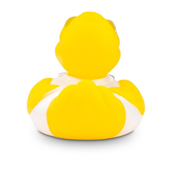 gelbe Badeente Max Medicus trägt mit Arztkittel, Stethoskop und Brille,Größe: ca. 8 cm. Inklusive Quietschventil