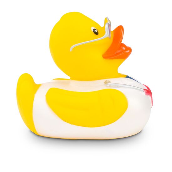 gelbe Badeente Max Medicus trägt mit Arztkittel, Stethoskop und Brille,Größe: ca. 8 cm. Inklusive Quietschventil