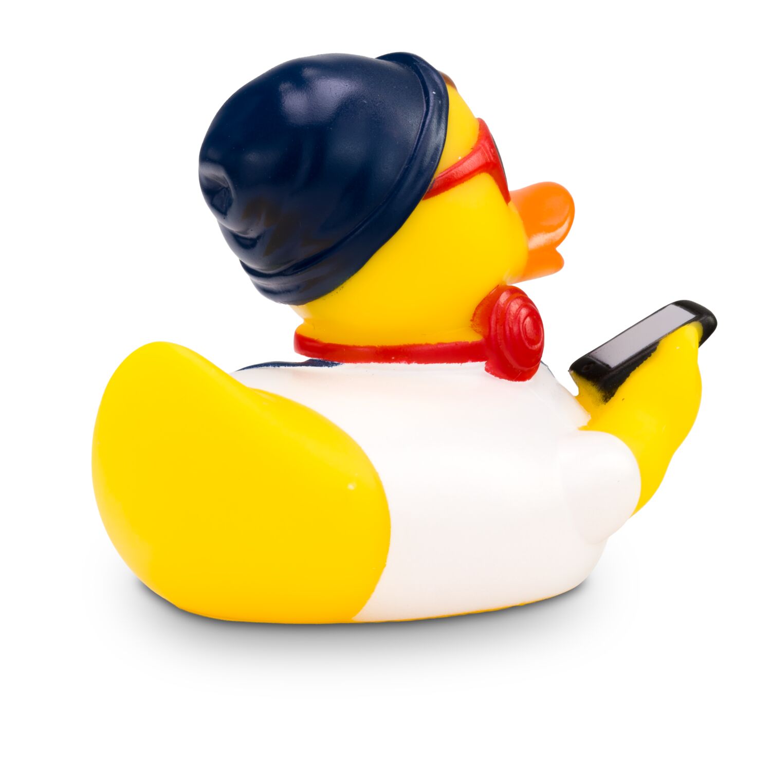 gelbe Werbeente Hannes Hipster mit weißem Shirt, Latzhose, Mütze und Kopfhörer, Größe: ca. 8 cm. Inklusive Quietschventil