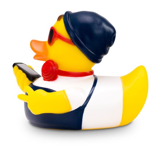 gelbe Werbeente Hannes Hipster mit weißem Shirt, Latzhose, Mütze und Kopfhörer, Größe: ca. 8 cm. Inklusive Quietschventil