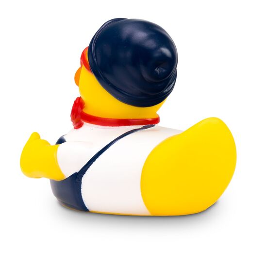 gelbe Werbeente Hannes Hipster mit weißem Shirt, Latzhose, Mütze und Kopfhörer, Größe: ca. 8 cm. Inklusive Quietschventil
