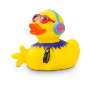 gelbe Badeente Danny Disco mit Sonnenbrille, Kopfhörern und Kette,Größeca. 8 cm. Inklusive Quietschventil