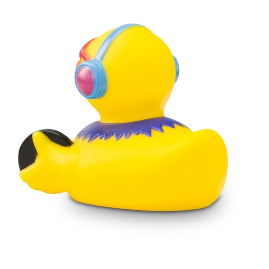 gelbe Badeente Danny Disco mit Sonnenbrille, Kopfhörern und Kette,Größeca. 8 cm. Inklusive Quietschventil