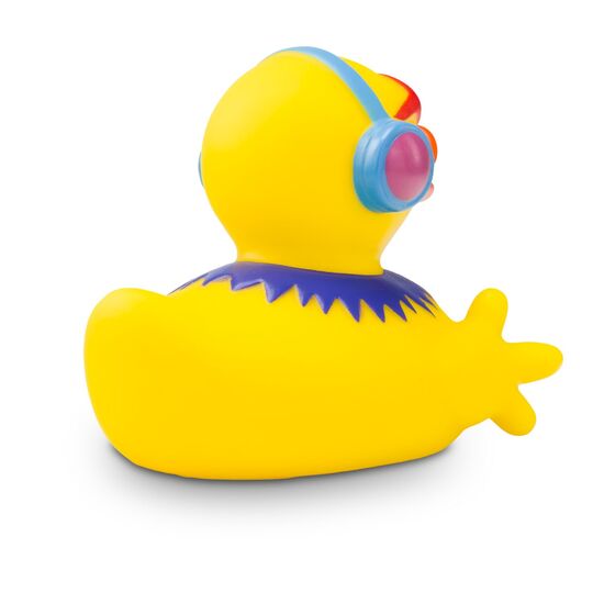 gelbe Badeente Danny Disco mit Sonnenbrille, Kopfhörern und Kette,Größeca. 8 cm. Inklusive Quietschventil