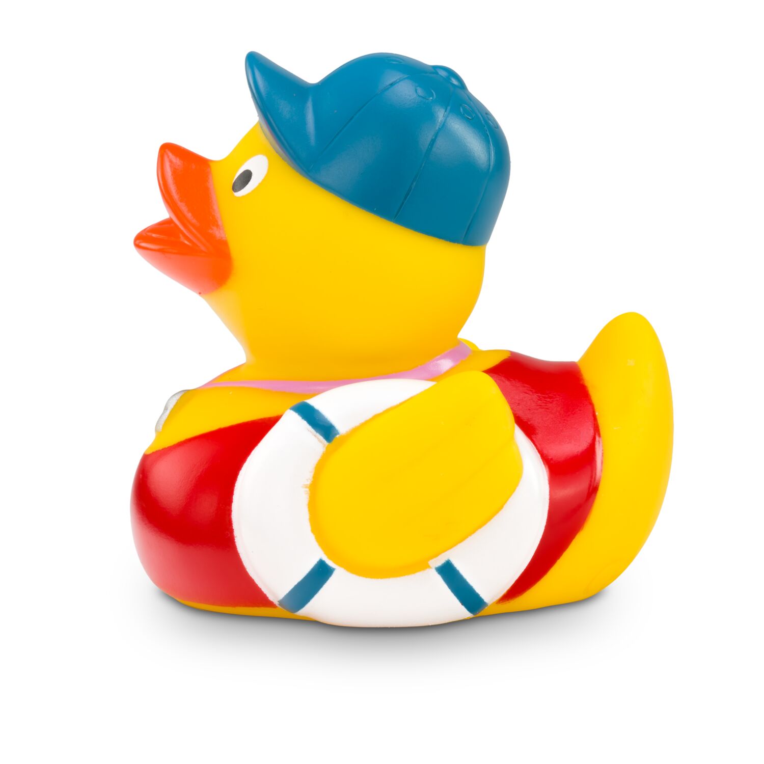 gelbe Badeente Benny Bademeister mit Rettungsreifen und Trillerpfeife, Größe: ca. 8 cm, inklusive Quietschventil