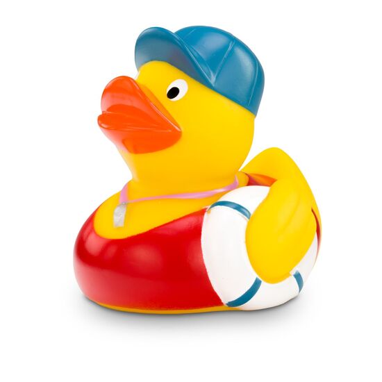 gelbe Badeente Benny Bademeister mit Rettungsreifen und Trillerpfeife, Größe: ca. 8 cm, inklusive Quietschventil