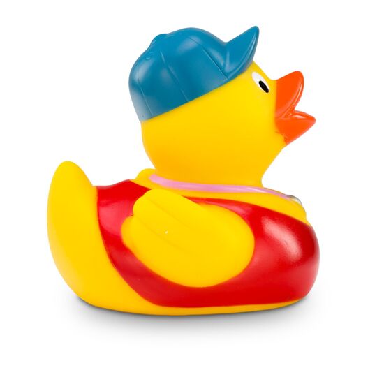 gelbe Badeente Benny Bademeister mit Rettungsreifen und Trillerpfeife, Größe: ca. 8 cm, inklusive Quietschventil
