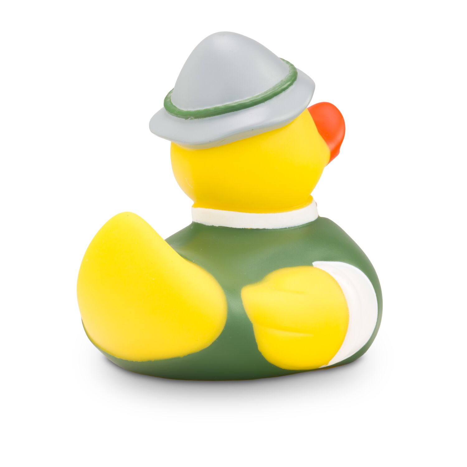 gelbe Werbeente Anton Alm mit weißem Trachtenhemd, Weste inklusive Edelweiß-Print und Filzhut, Größe: ca. 8 cm. Inklusive Quietschventil