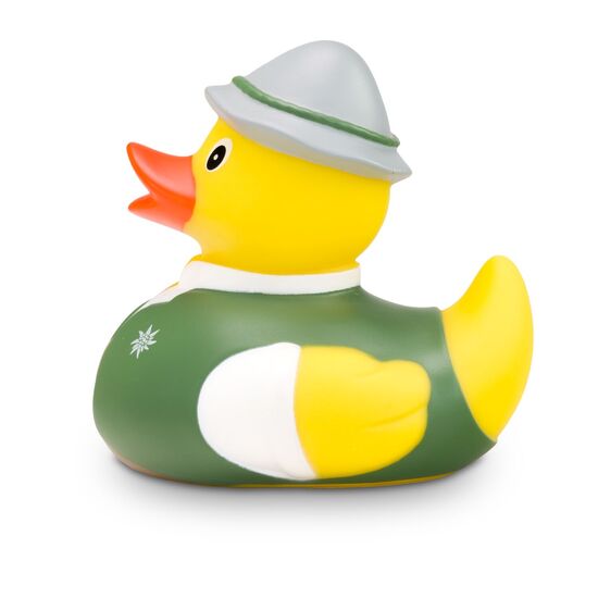 gelbe Werbeente Anton Alm mit weißem Trachtenhemd, Weste inklusive Edelweiß-Print und Filzhut, Größe: ca. 8 cm. Inklusive Quietschventil