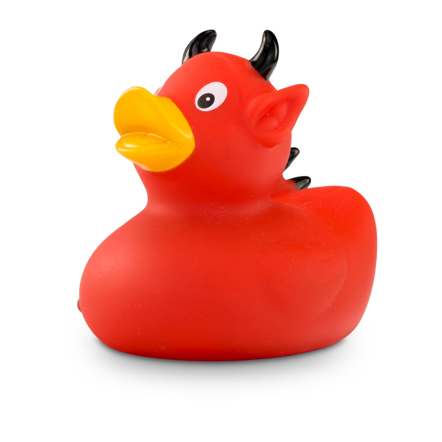 rote Badeente Theo Teufel mit schwarzen Hörnern und Feuerhaken,Größe: ca. 8 cm. Inklusive Quietschventil