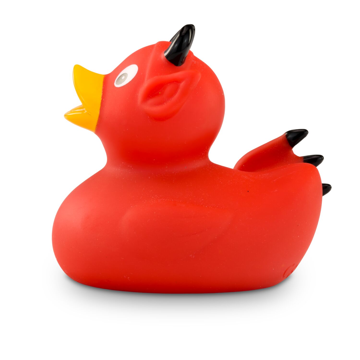 rote Badeente Theo Teufel mit schwarzen Hörnern und Feuerhaken,Größe: ca. 8 cm. Inklusive Quietschventil