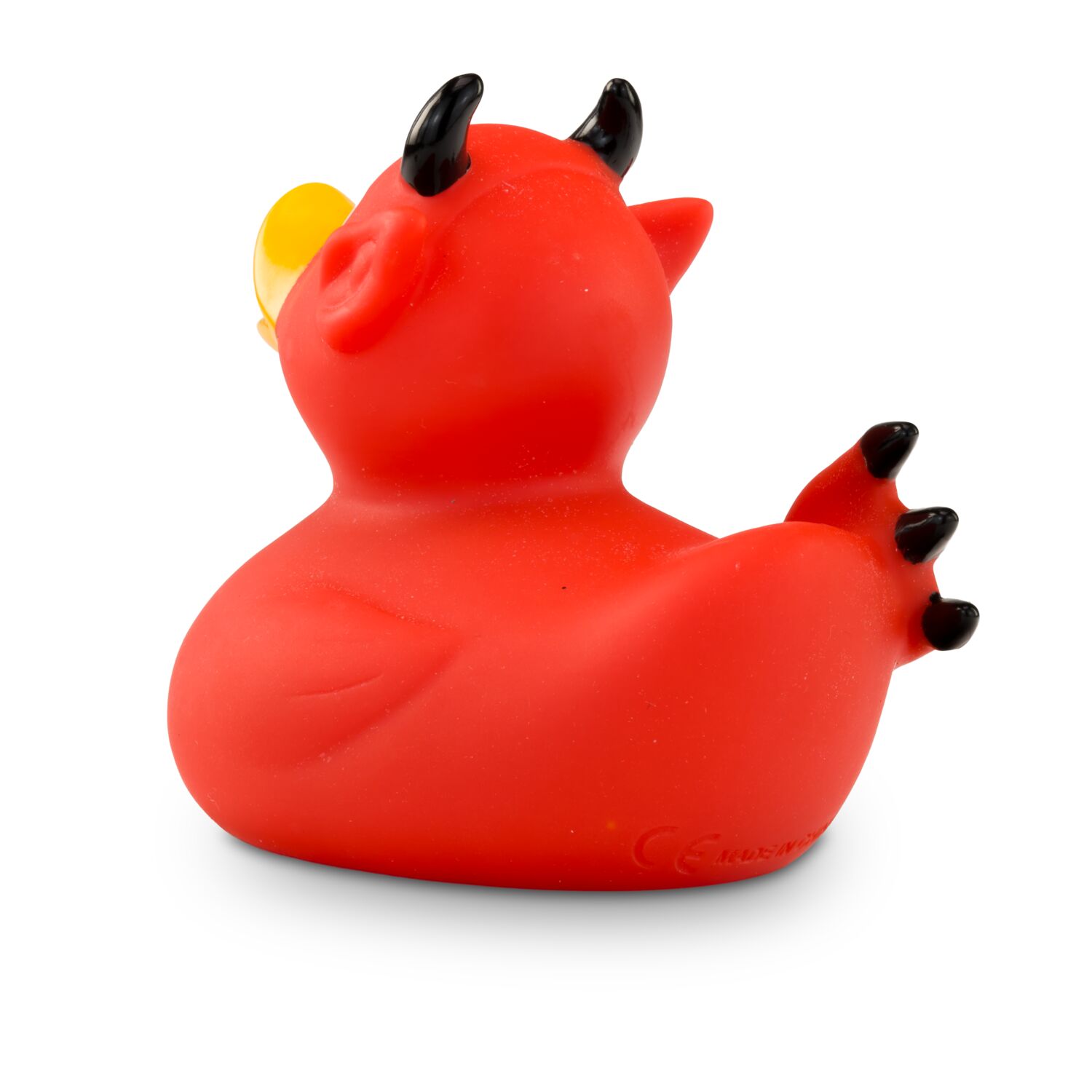 rote Badeente Theo Teufel mit schwarzen Hörnern und Feuerhaken,Größe: ca. 8 cm. Inklusive Quietschventil