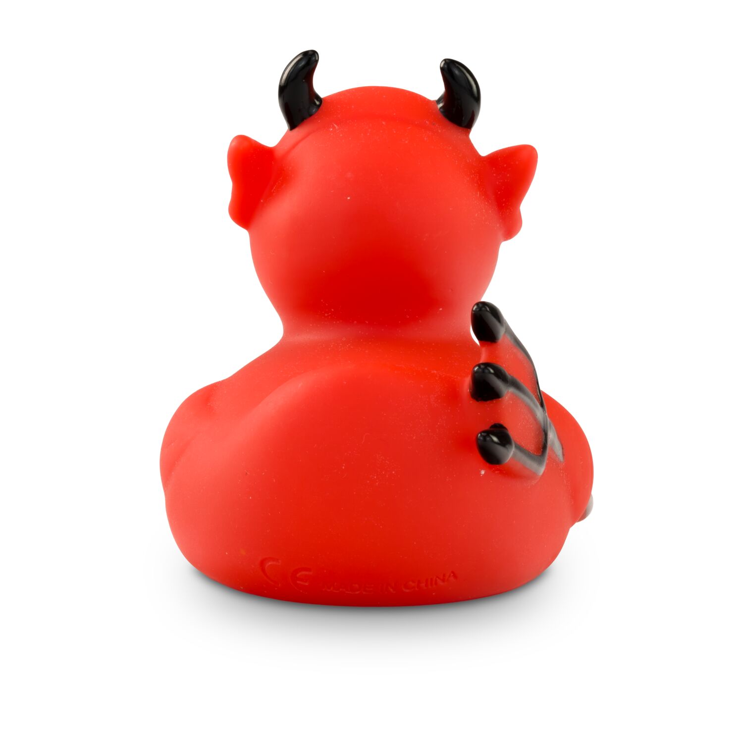 rote Badeente Theo Teufel mit schwarzen Hörnern und Feuerhaken,Größe: ca. 8 cm. Inklusive Quietschventil