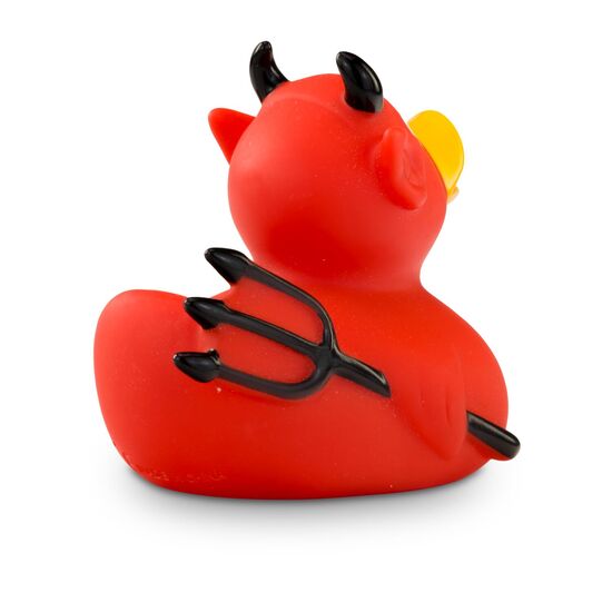 rote Badeente Theo Teufel mit schwarzen Hörnern und Feuerhaken,Größe: ca. 8 cm. Inklusive Quietschventil