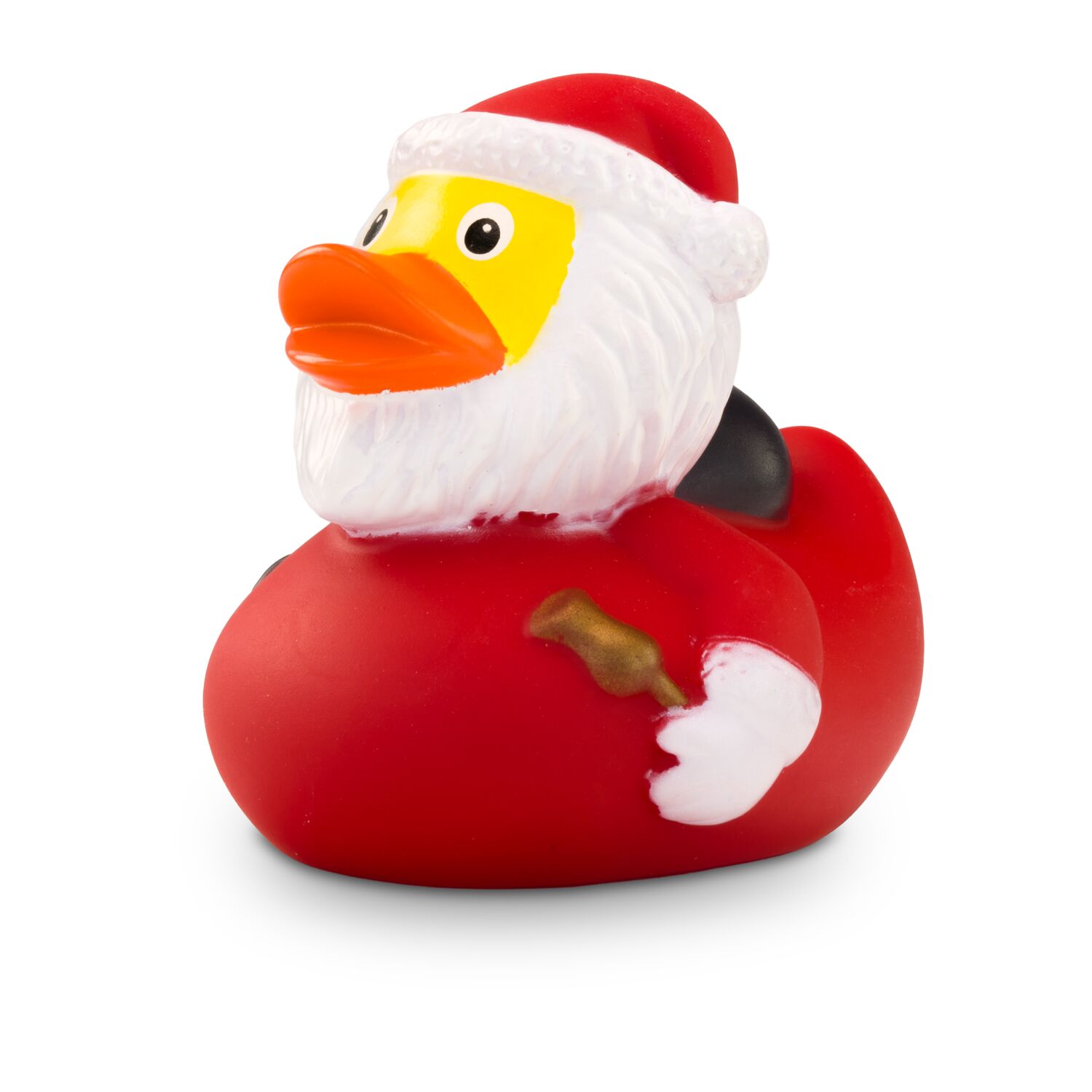 Badeente Claus Christmas mit Weihnachtsanzug, Mütze, Geschenkesack und Glocke in der Hand. ca. 8 cm. Inklusive Quietschventil