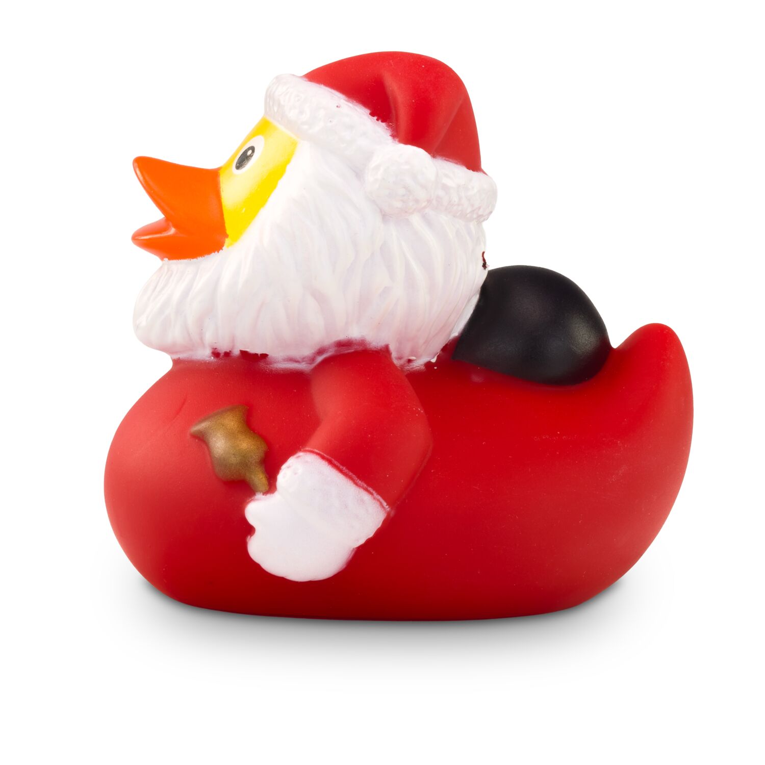 Badeente Claus Christmas mit Weihnachtsanzug, Mütze, Geschenkesack und Glocke in der Hand. ca. 8 cm. Inklusive Quietschventil