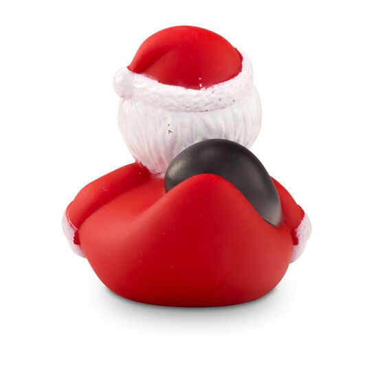 Badeente Claus Christmas mit Weihnachtsanzug, Mütze, Geschenkesack und Glocke in der Hand. ca. 8 cm. Inklusive Quietschventil