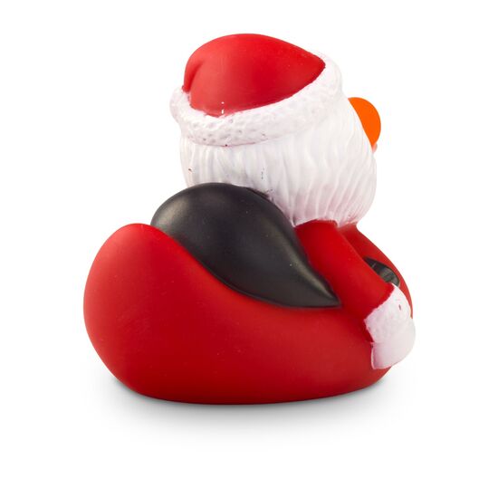 Badeente Claus Christmas mit Weihnachtsanzug, Mütze, Geschenkesack und Glocke in der Hand. ca. 8 cm. Inklusive Quietschventil
