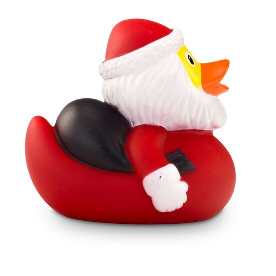 Badeente Claus Christmas mit Weihnachtsanzug, Mütze, Geschenkesack und Glocke in der Hand. ca. 8 cm. Inklusive Quietschventil