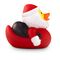 Badeente Claus Christmas mit Weihnachtsanzug, Mütze, Geschenkesack und Glocke in der Hand. ca. 8 cm. Inklusive Quietschventil