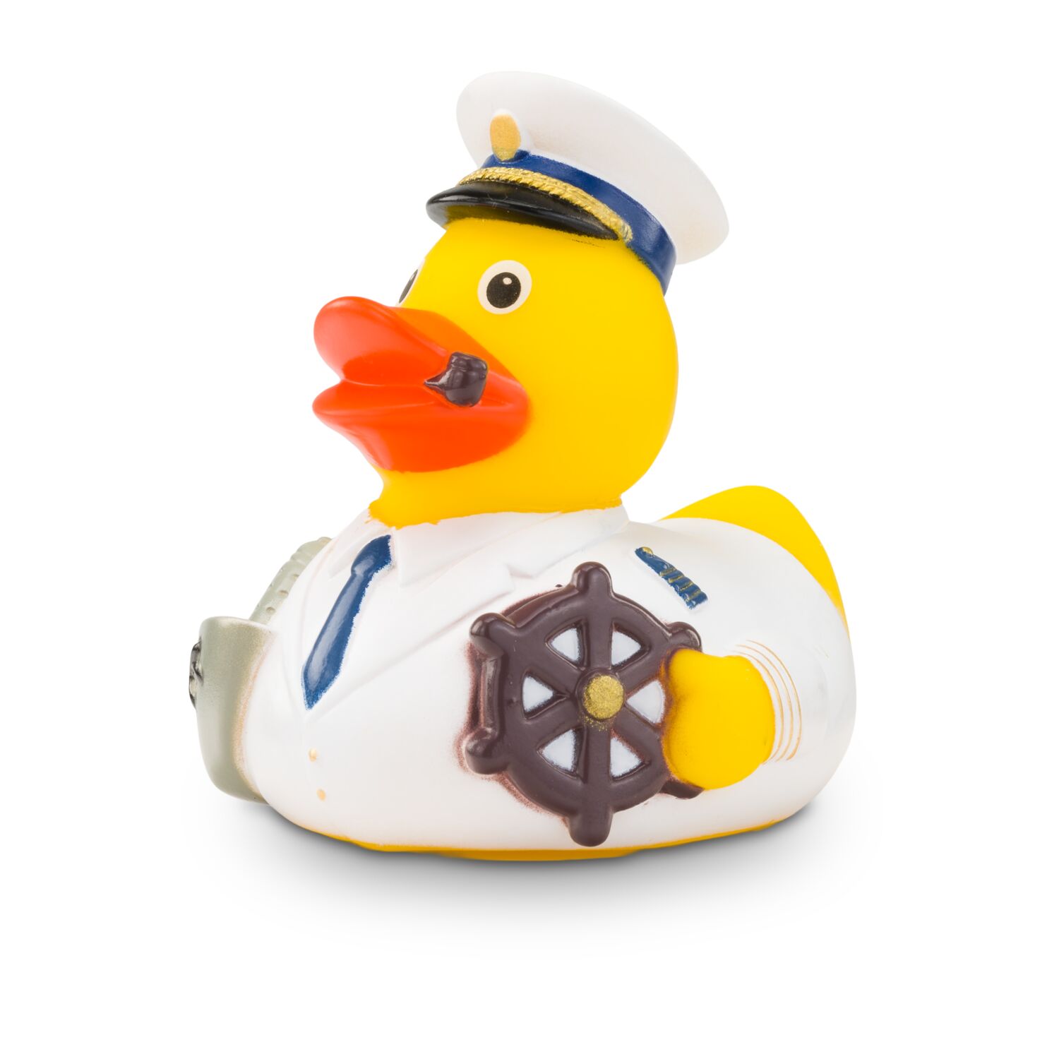 gelbe Werbeente Konrad Kreuzfahrt mit Uniform, Matrosenkappe und Pfeife, Größe: ca. 8 cm. Inklusive Quietschventil