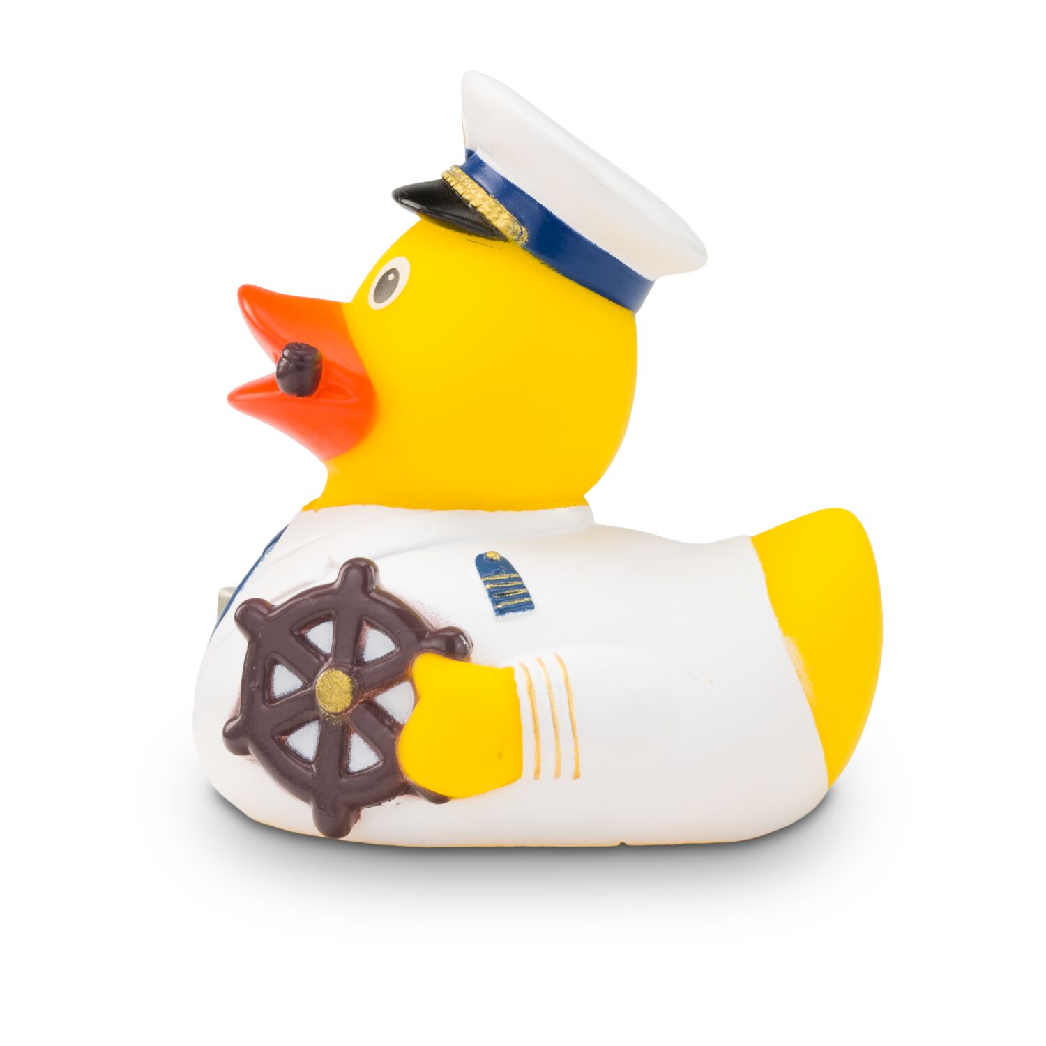 gelbe Werbeente Konrad Kreuzfahrt mit Uniform, Matrosenkappe und Pfeife, Größe: ca. 8 cm. Inklusive Quietschventil